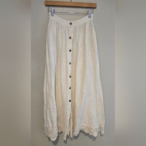 Free People Womens White Button Front Maxi Boho Skirt Crochet Trim Cotton XS